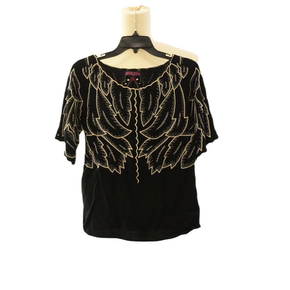 Maple Casual Blouse Top Short Sleeve Abstract Print Embroidered Black Women's 2